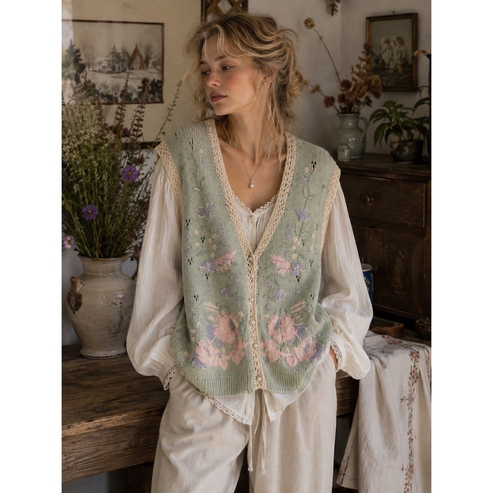 Vintage Oversized Silk Blend Floral Feminine Sweater Vest L Cottage Romantic